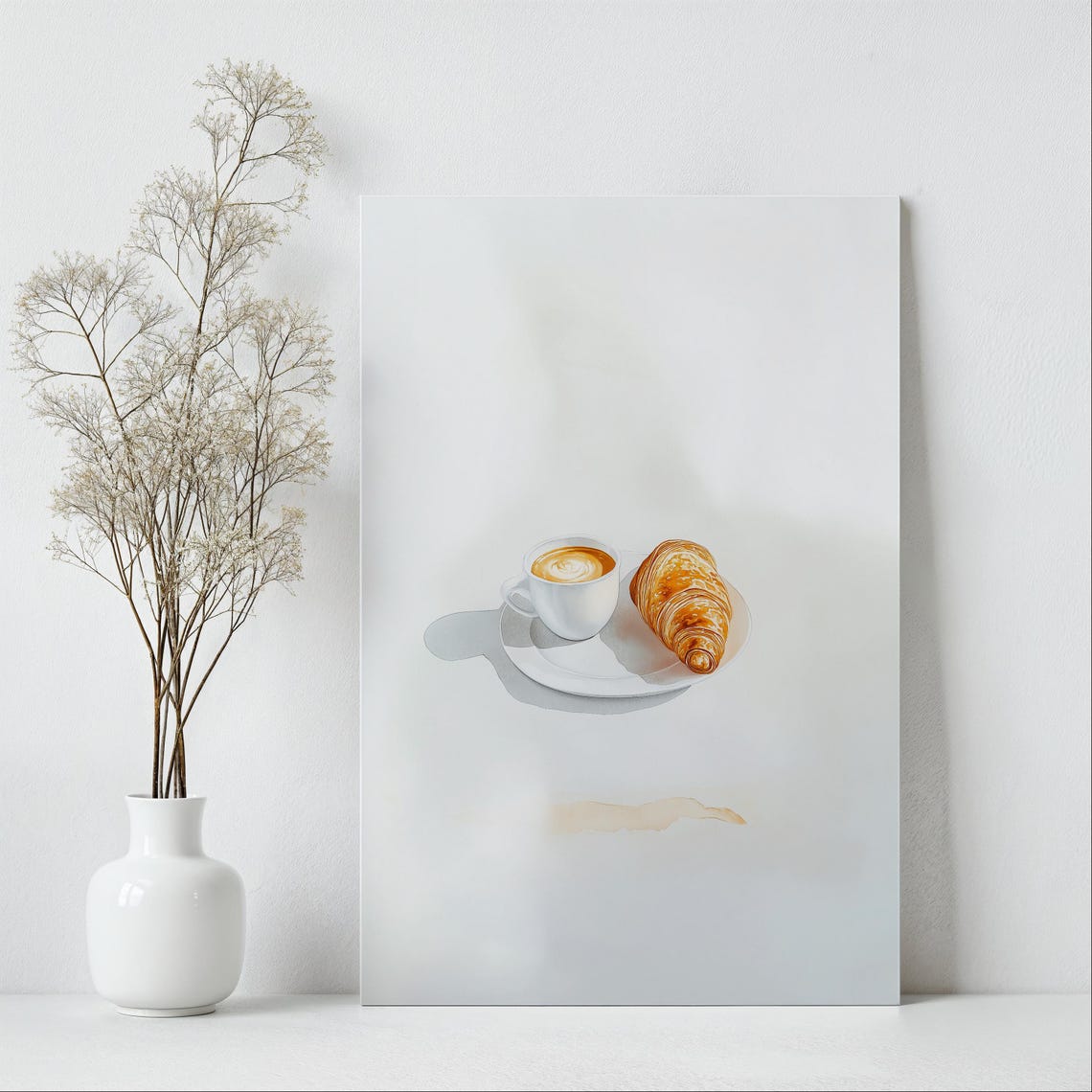 Cozy Watercolor Latte and Golden Croissant Breakfast Art Poster - Image 2