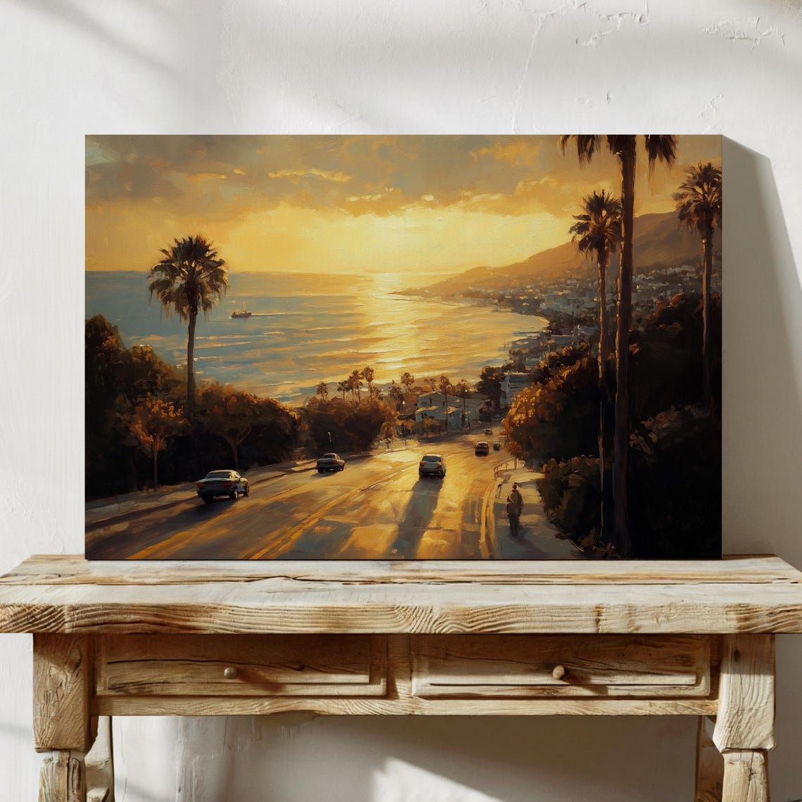 California Coast Sunset Over a Palm Lined Beach Town Scene Poster - Image 4