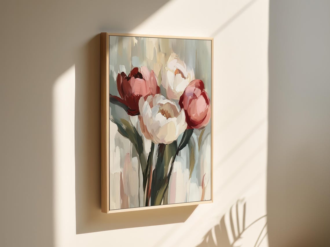 Impressionist Red Pink and White Tulips Blooming Bouquet Art Poster - Image 2