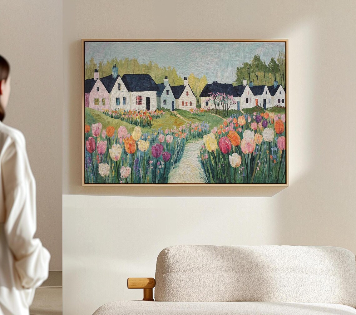 White Cottages and a Tulip Garden Path Countryside Landscape Poster - Image 5