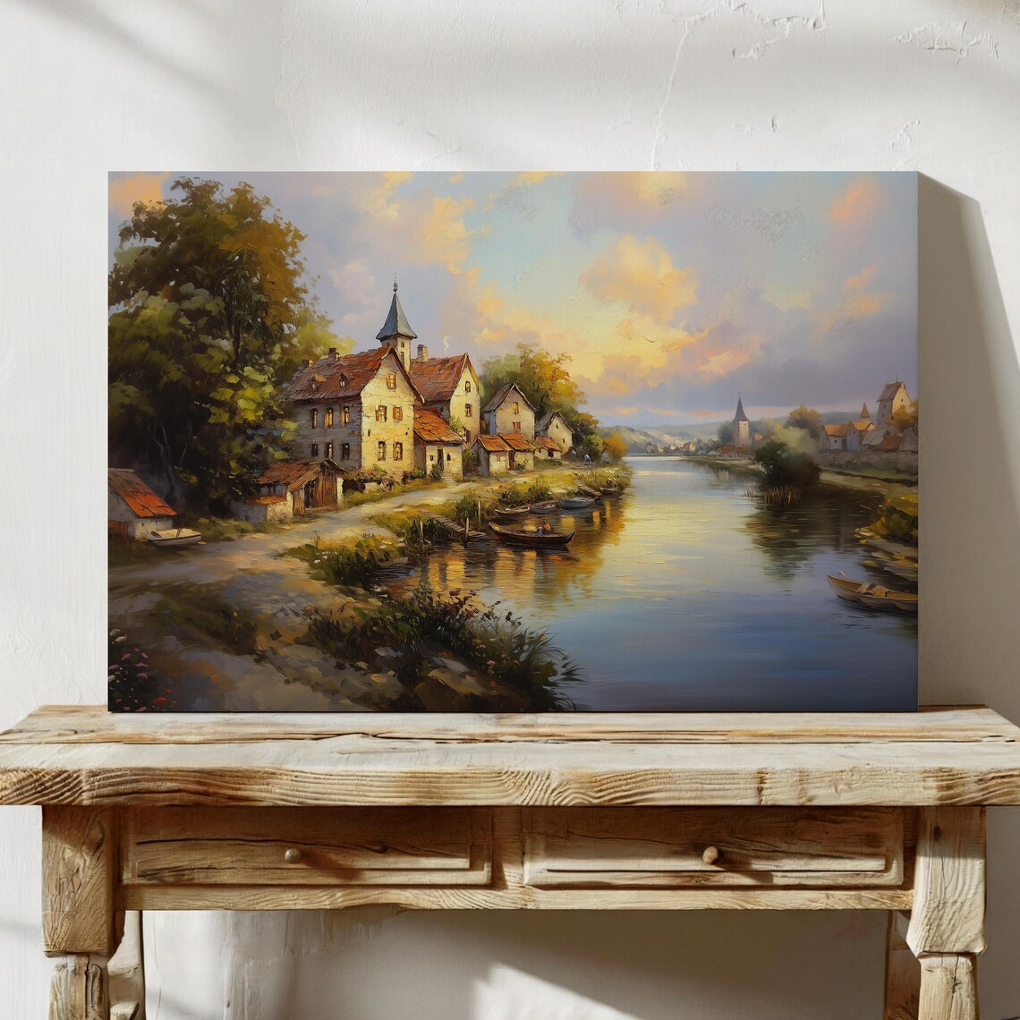 European Riverside Village at Golden Sunset Oil Painting Poster - Image 4