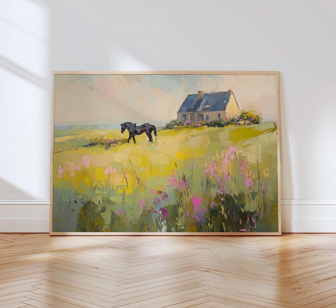 Black Horse by a Stone Cottage in a Sunny Flower Meadow Poster