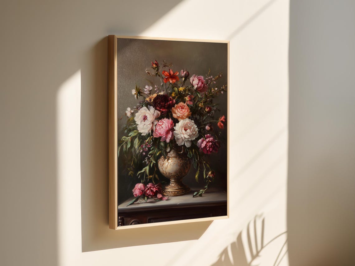 Classic Mixed Peony Bouquet Still Life Dark Vintage Wall Art - Image 3