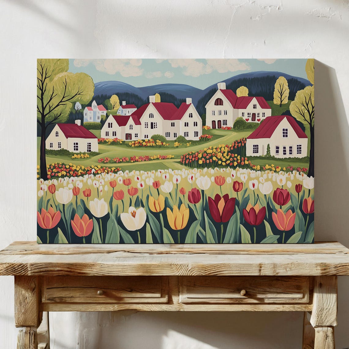 Charming Red-Roofed Village Above a Tulip Field Landscape Poster - Image 5