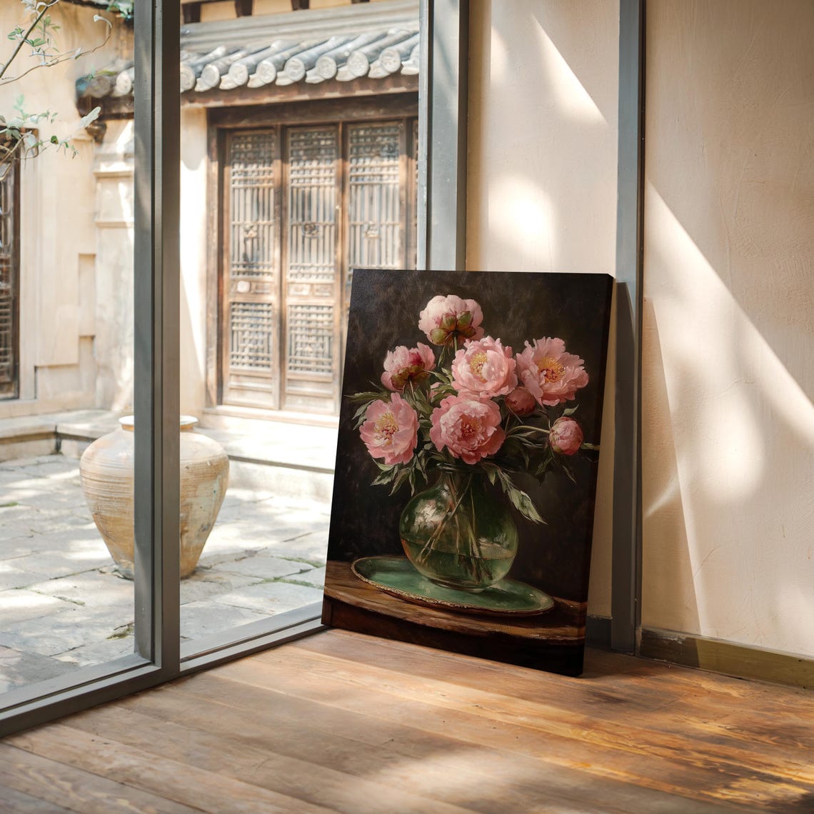 Pink Peonies in a Green Glass Vase Moody Still Life Art Poster - Image 3