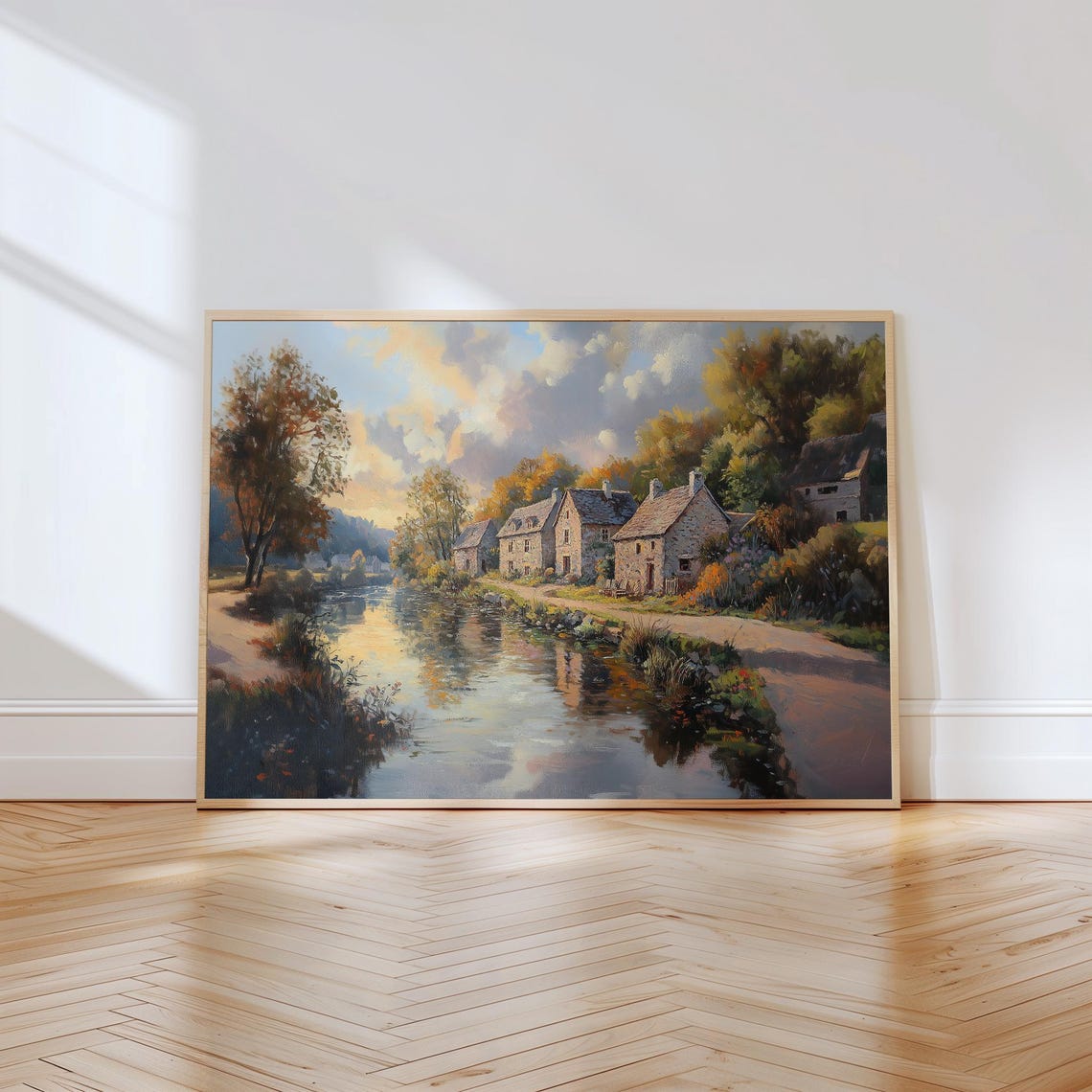 Stone Cottages Beside an Autumn River in Golden Light Poster - Image 2