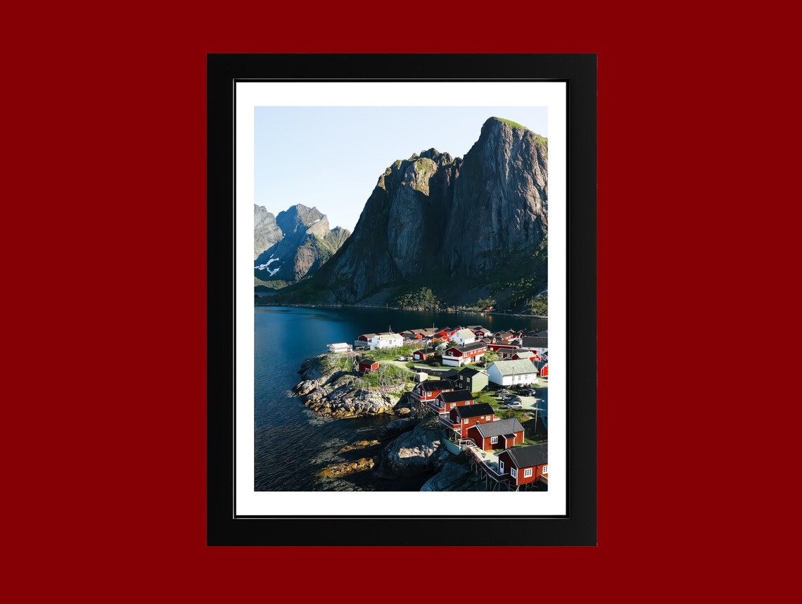Reine Lofoten Norway Red Cabins Arctic Coastal Photography Poster