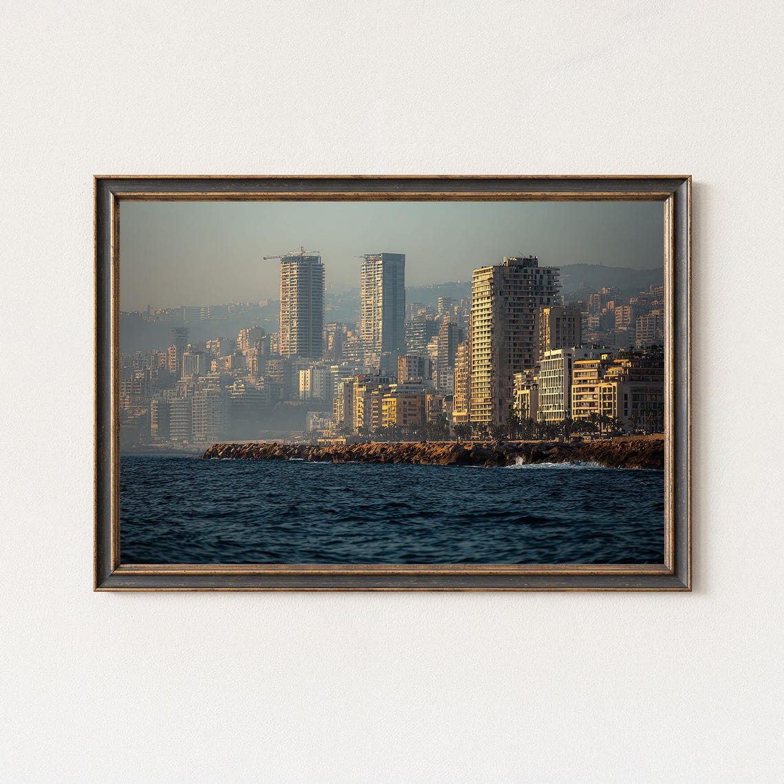 Mediterranean Coastal City Skyline Hazy Harbor Framed Wall Art