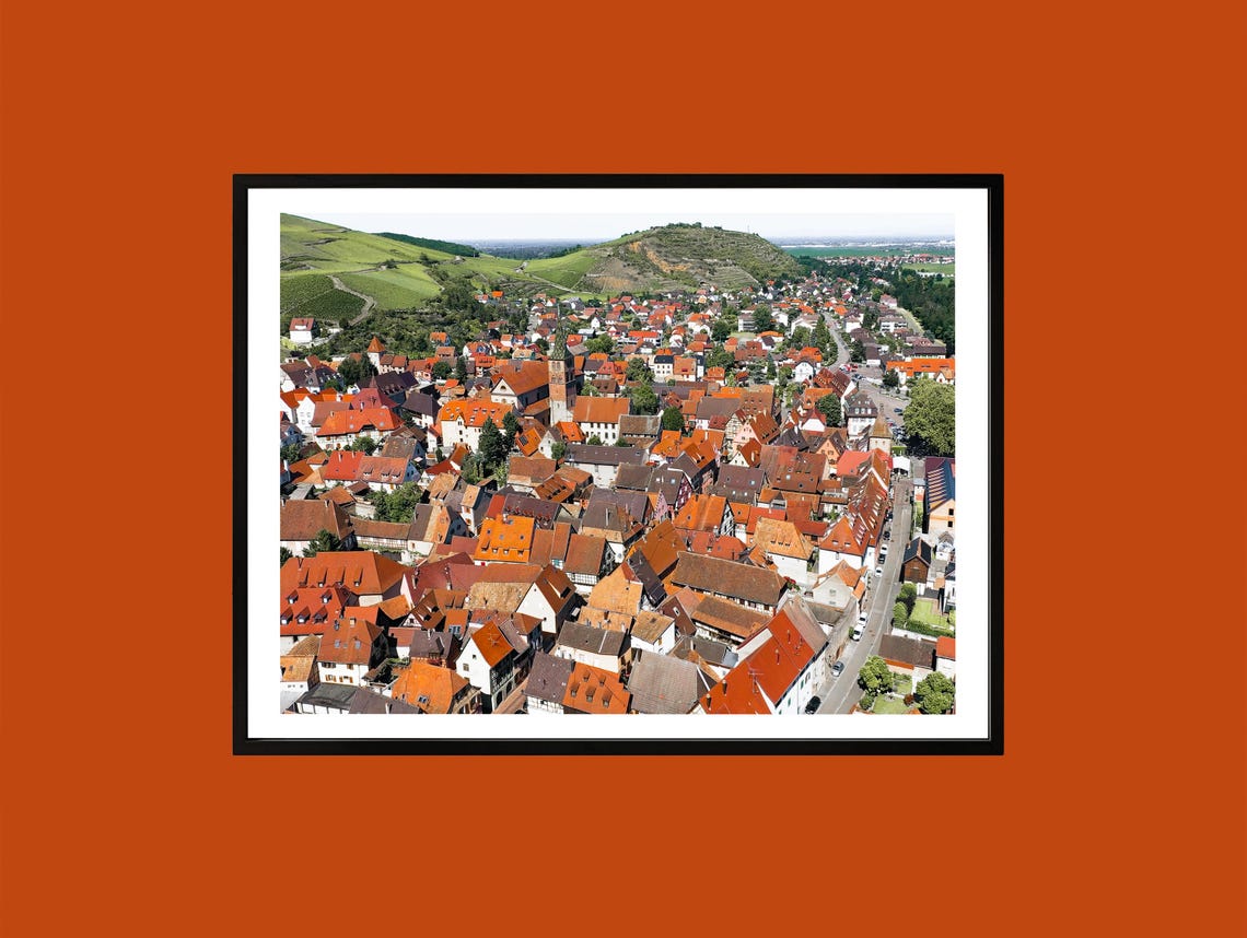 German Village Aerial With Red Rooftops And Vineyard Hills Poster
