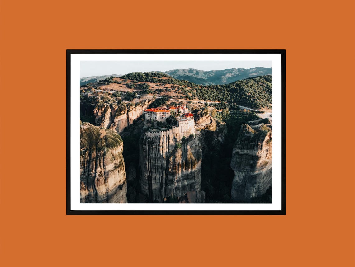 Meteora Greece Cliffside Monastery Aerial Rock Formation Photo Print
