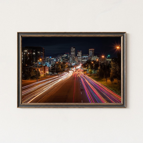 Denver Night Skyline Light Trails Panorama Wall Art