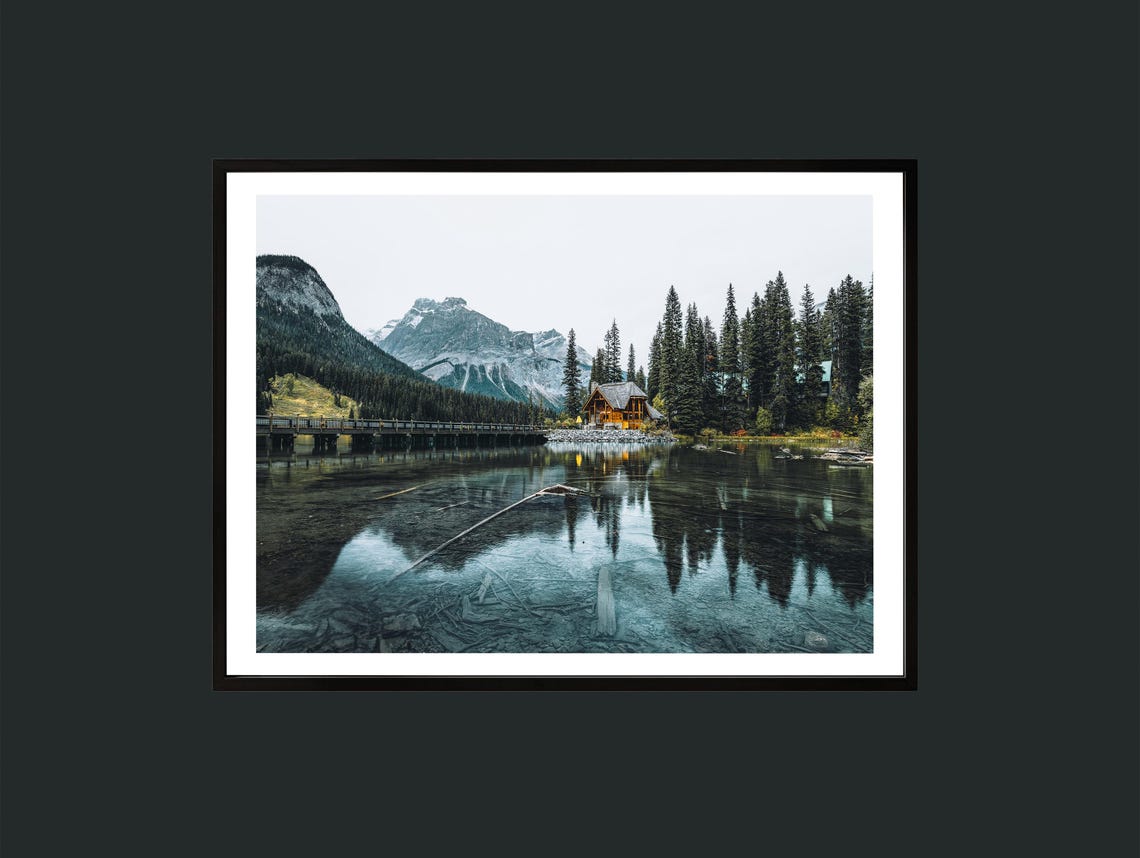 Emerald Lake Cabin Moody Forest Reflection Photography Poster