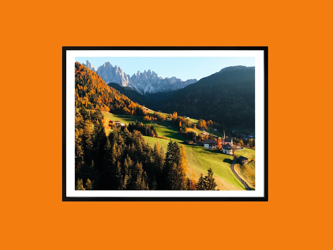 Dolomites Autumn Landscape Golden Alpine Valley Photography Poster
