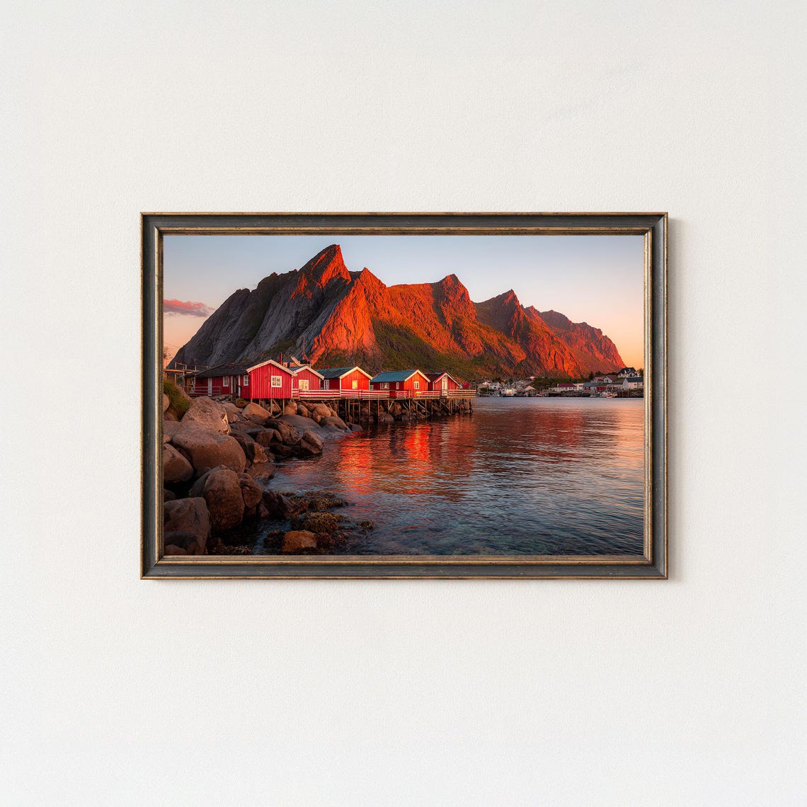 Red Cabins by Water Red Mountain Sunset Nordic Style Photo Poster