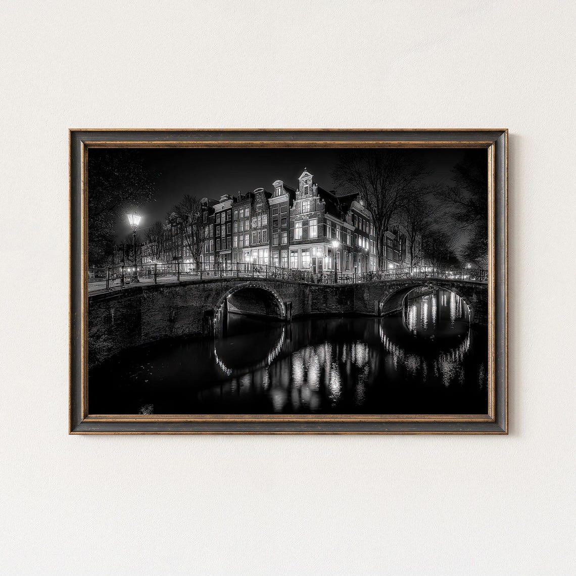 Amsterdam Canal Bridge At Night Glowing Houses Reflection Photo Poster