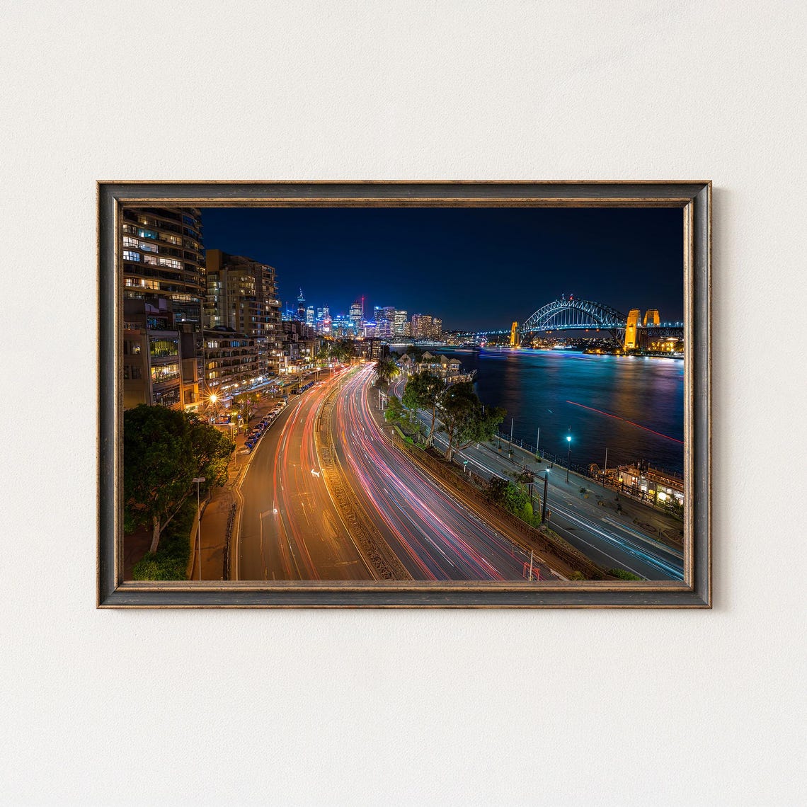 Sydney Harbour Bridge Kirribilli Night Light Trails Skyline Poster
