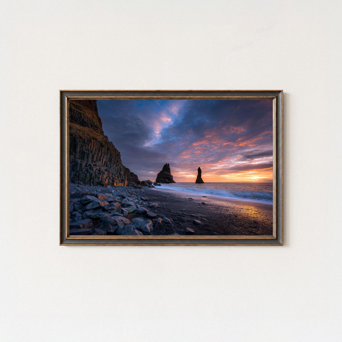 Iceland Black Sand Beach Basalt Columns Sunset Sea Stacks Poster