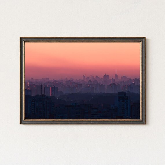 Sunset Skyline Wall Art Pink Cityscape Print