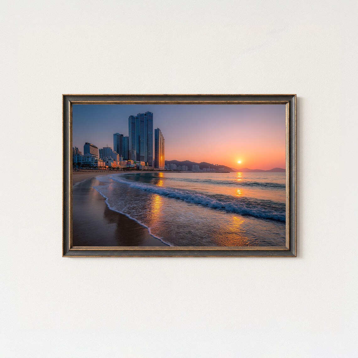 Busan Haeundae Beach Sunrise Coastal Photography Korea Skyline Poster
