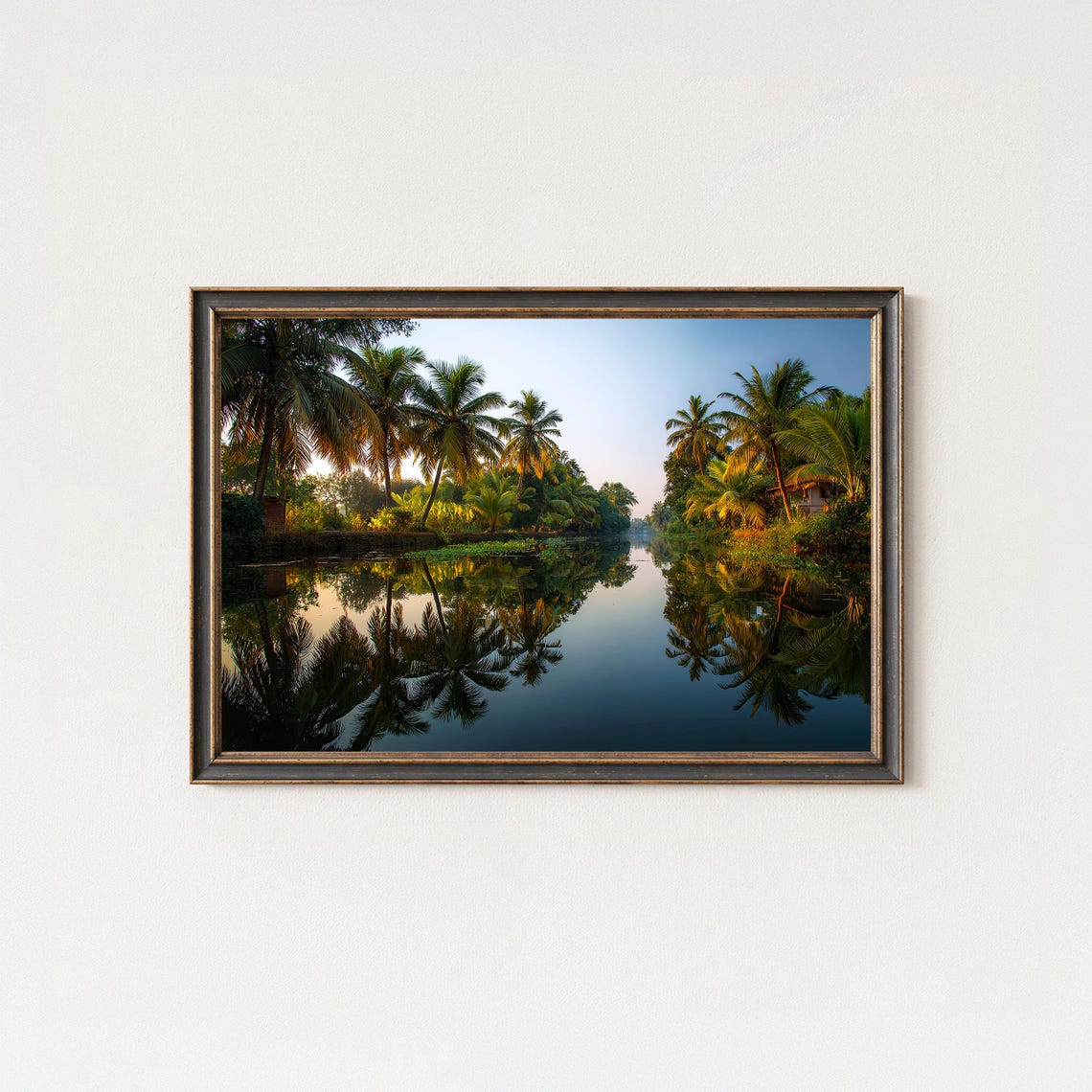 Palm Lined Tropical River Golden Sunset Reflection Photo Poster
