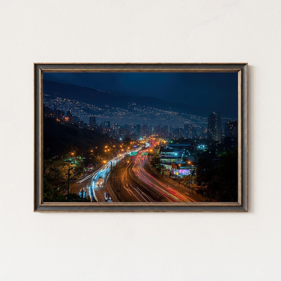 Medellin Night Cityscape Print Urban Light Trails Wall Art