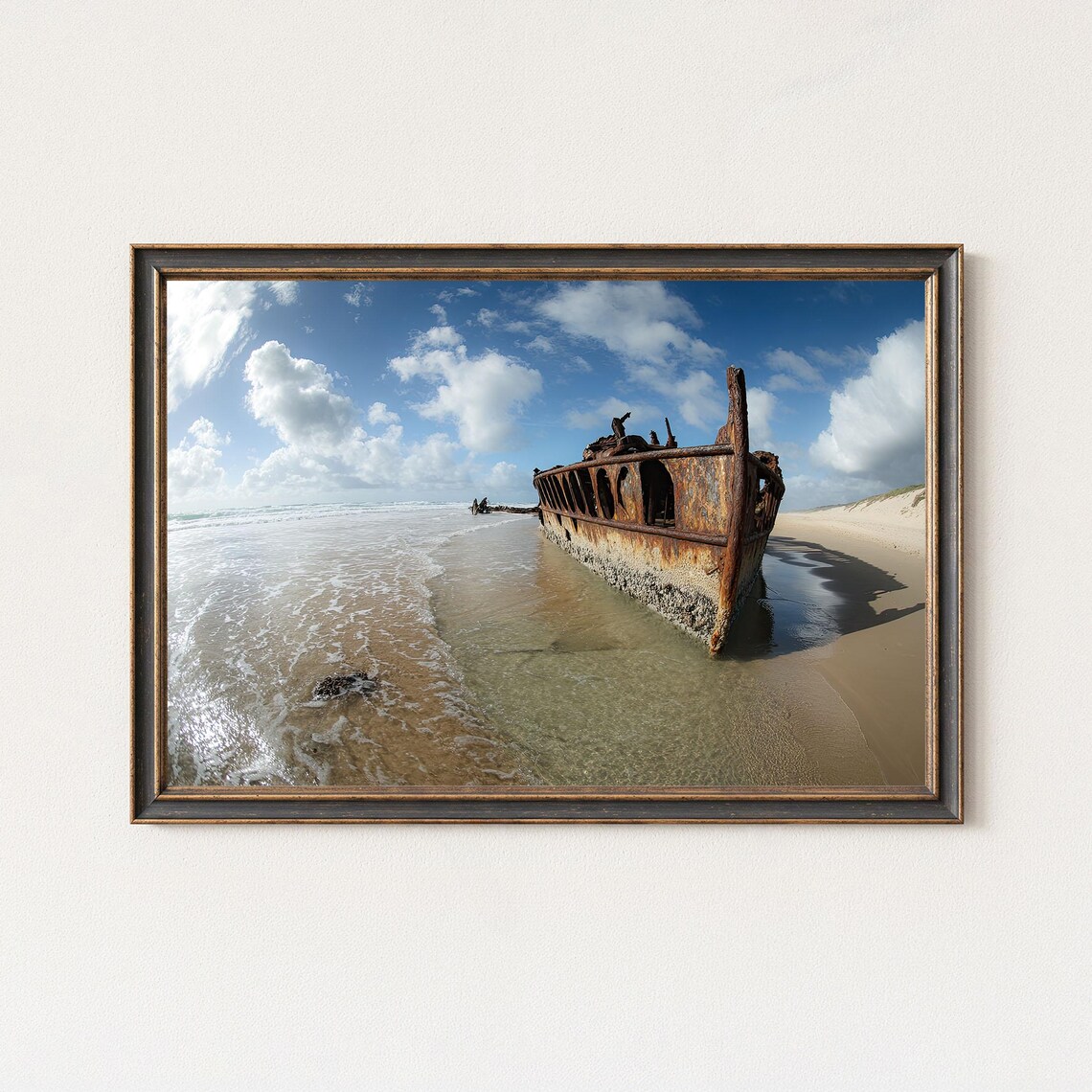 Rusted Maheno Shipwreck Beached on Golden Sand Blue Sky Poster