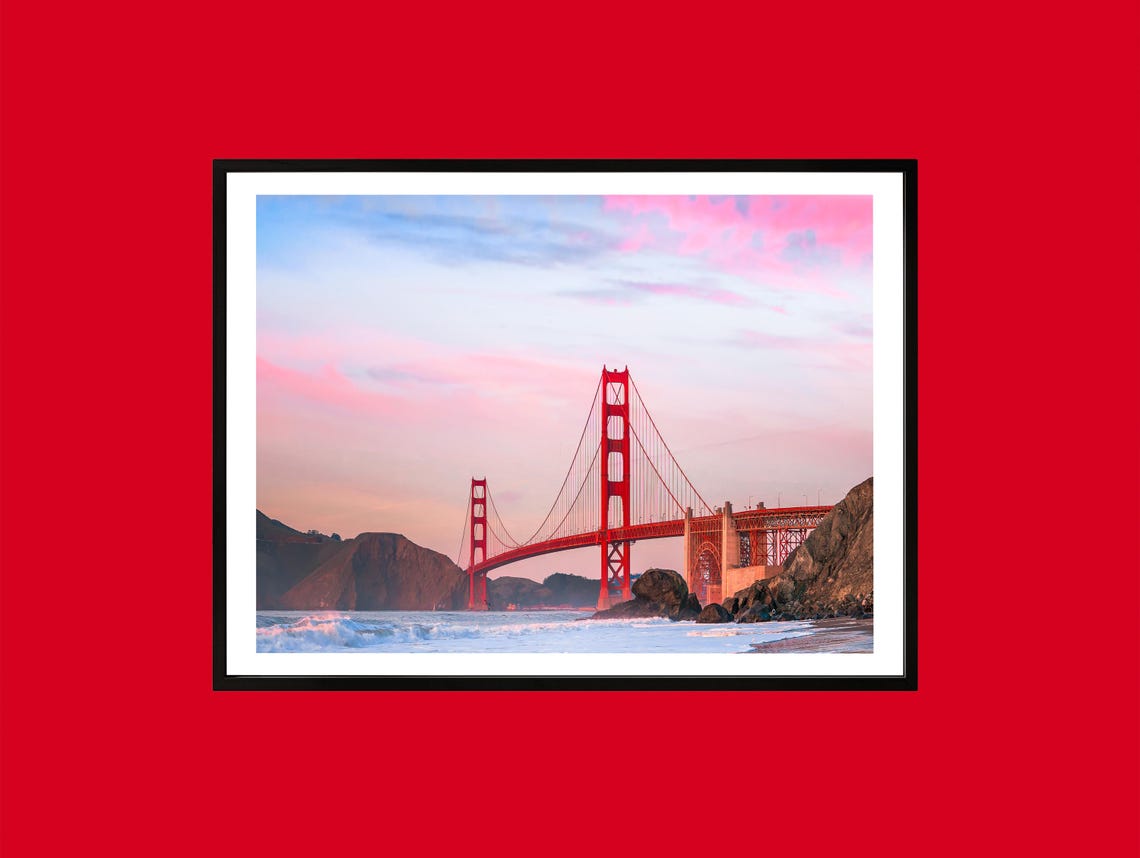 Golden Gate Bridge Sunset Over San Francisco Ocean Waves Travel Poster