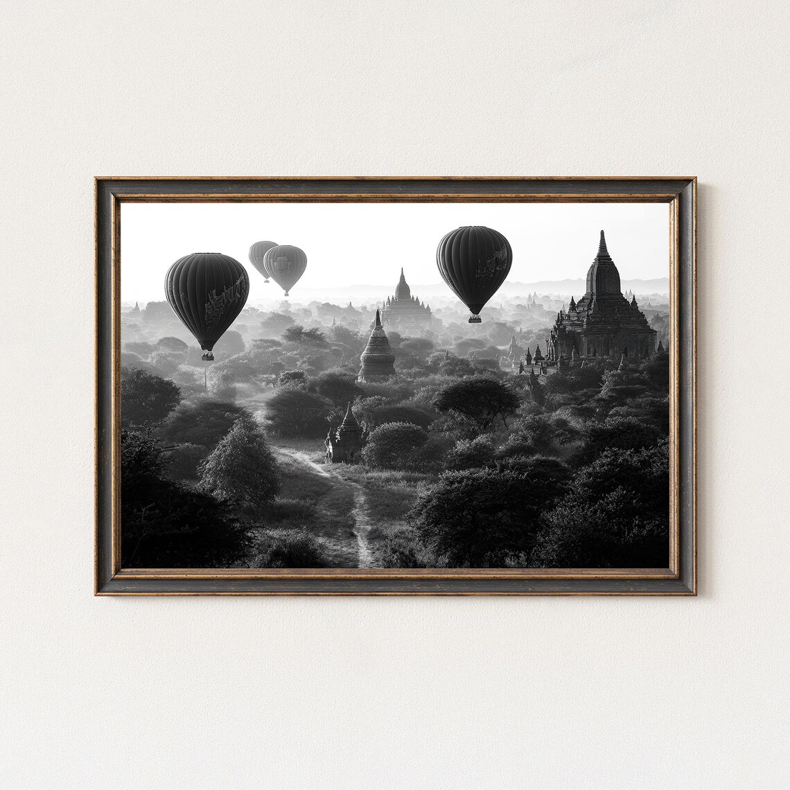 Bagan Myanmar Hot Air Balloons Over Misty Temple Plains Poster
