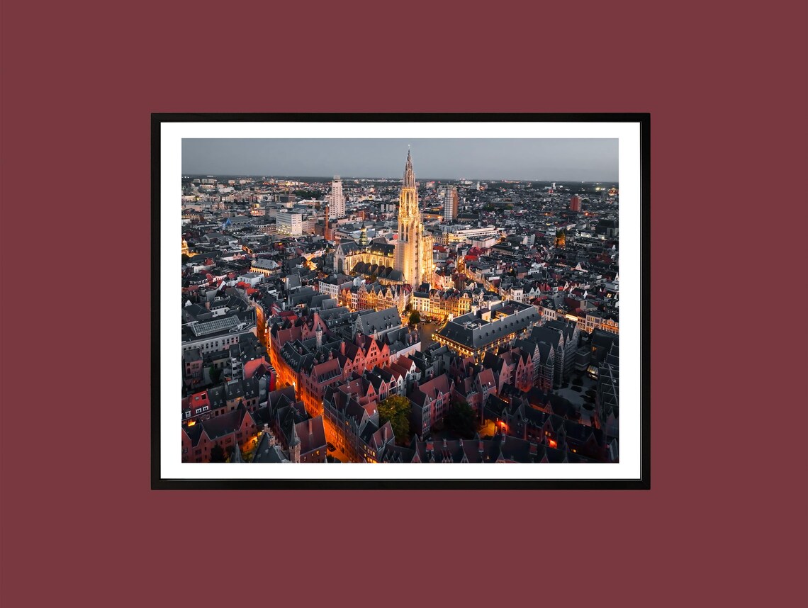 Gothic Cathedral European City Aerial Night Cityscape Poster