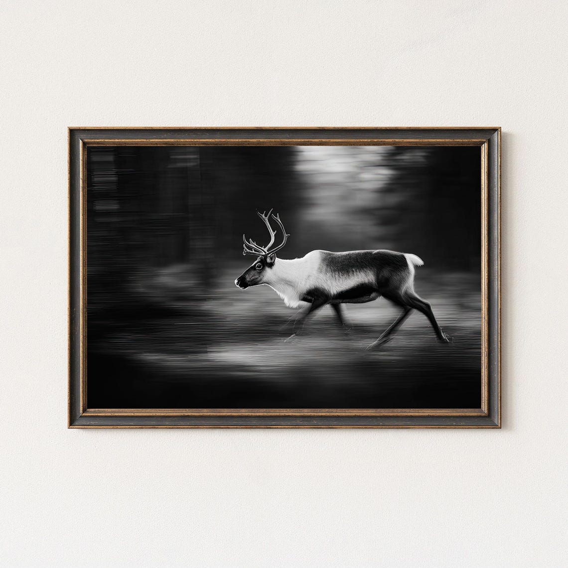 Reindeer Running Through Forest Black And White Photo Poster