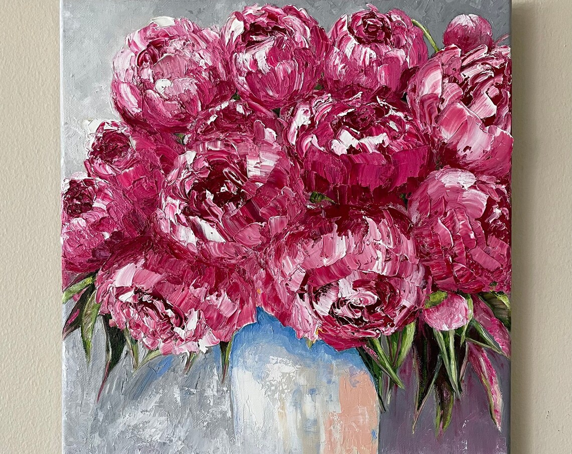 Magenta Pink Peonies Palette Knife Impasto Floral Bouquet Poster