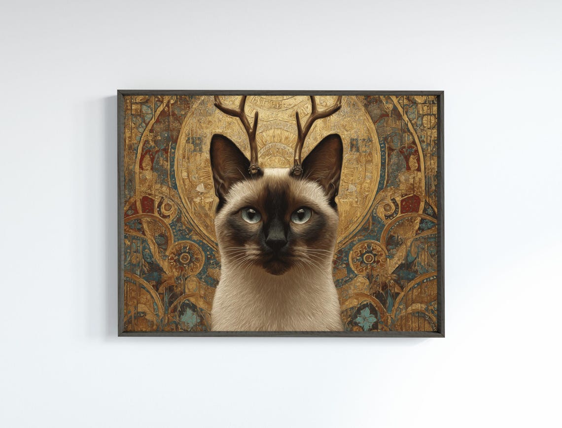 Siamese Cat With Antlers Klimt Style Gold Art Nouveau Portrait Poster