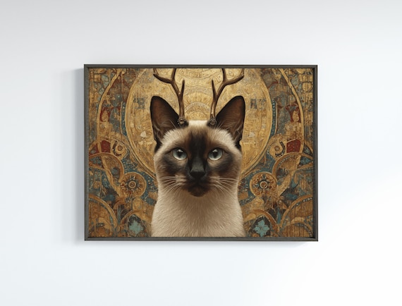Siamese Cat With Antlers Klimt Style Gold Art Nouveau Portrait Poster