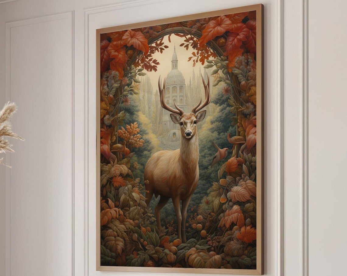 Stag with Antlers in Autumn Forest Arch with Distant Palace Poster