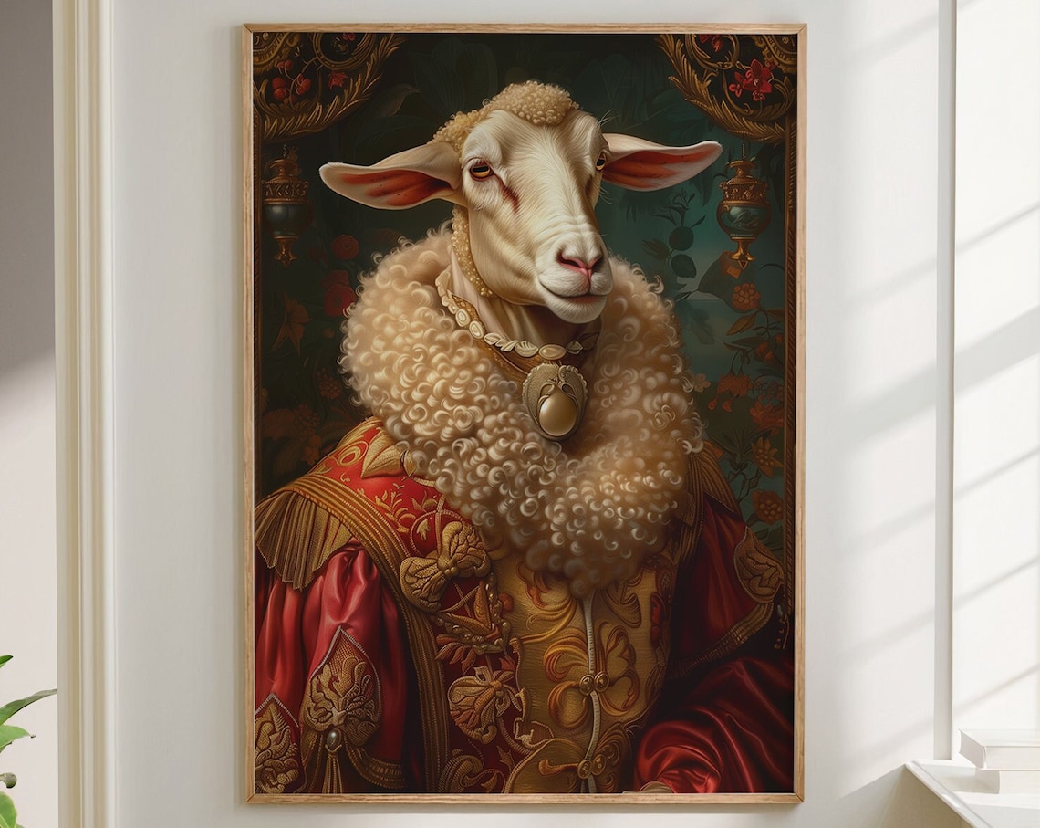 Sheep Royal Renaissance Portrait Red Brocade Pearl Animal Wall Art