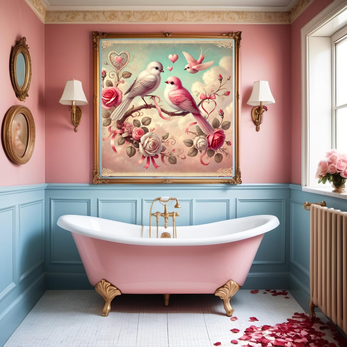 Romantic Lovebirds on Rose Branch with Hearts Vintage Wall Art - Image 2