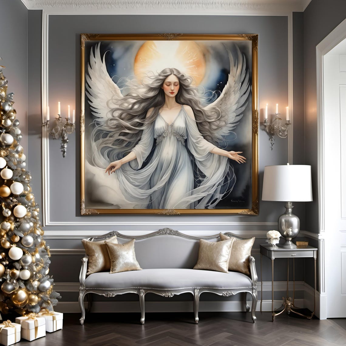 Radiant Angel with Golden Halo Serene Silver Wings Art Print - Image 3