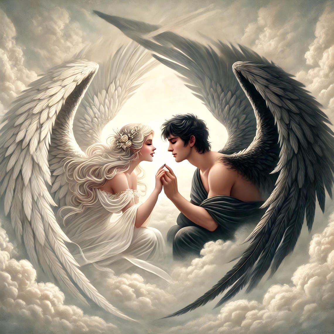 Light And Dark Angels Heart Wings Meeting Clouds Celestial Poster