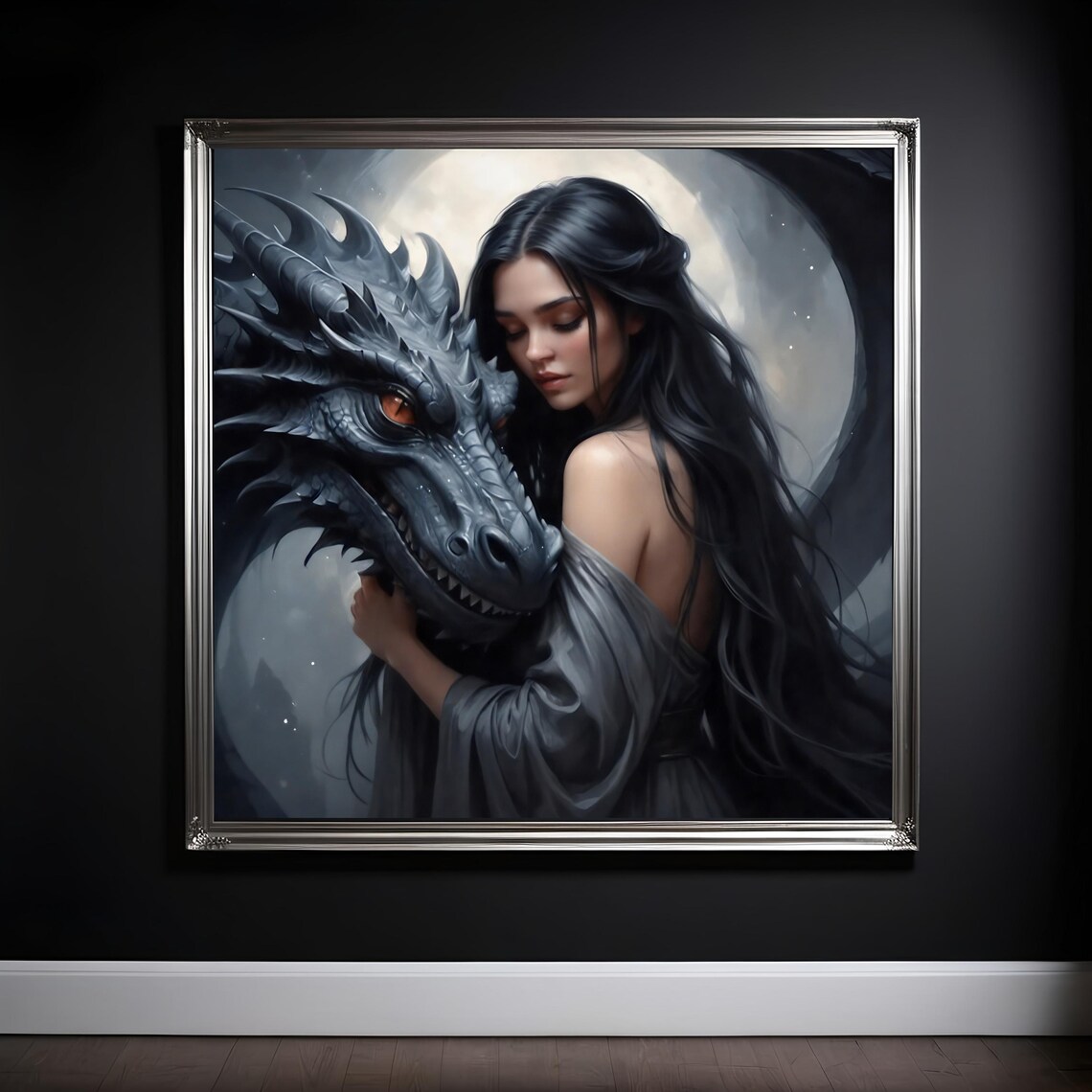 Moonlit Woman Embracing Black Dragon Full Moon Dark Fantasy Art Poster - Image 3