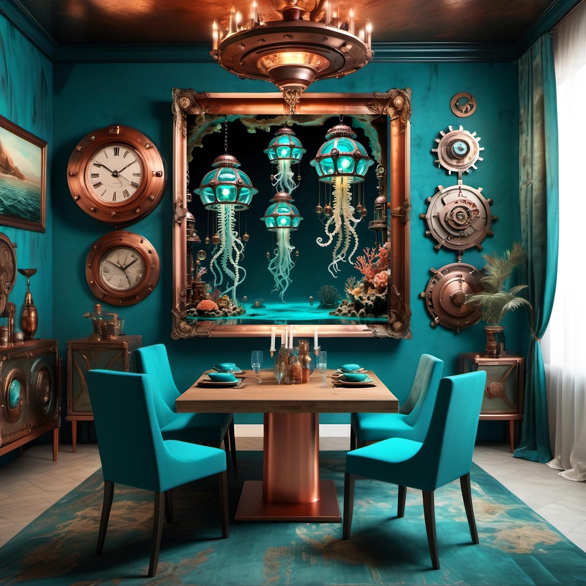 Steampunk Jellyfish Lantern Print Nautical Fantasy Wall Art Turquoise And Bronze Sci Fi Artwork For Steampunk Lover Gift Idea - Image 3