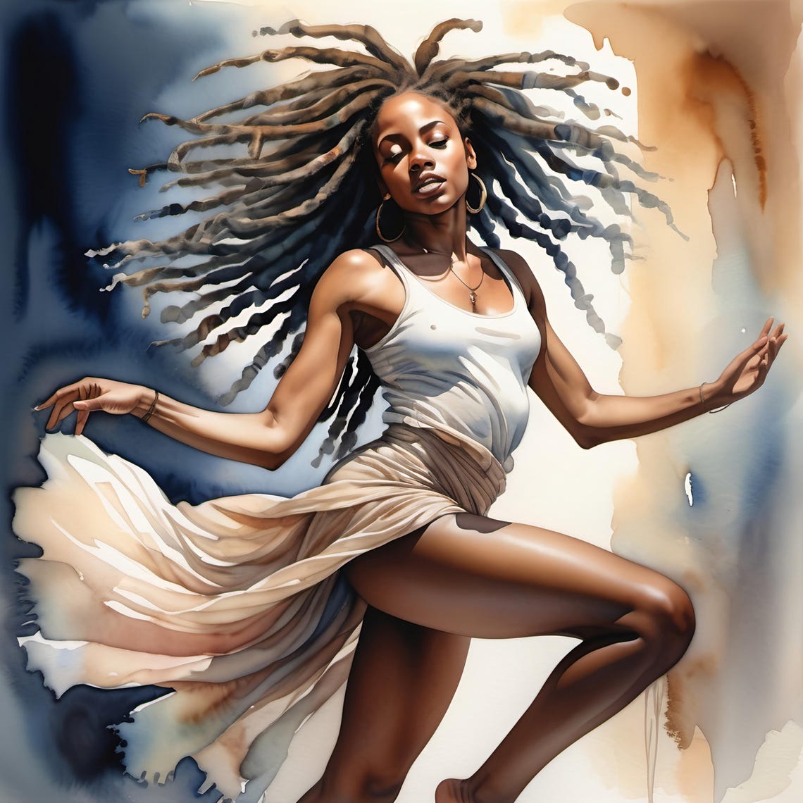Dancing Woman White Top Watercolor Dynamic Joyful Dance Art Poster