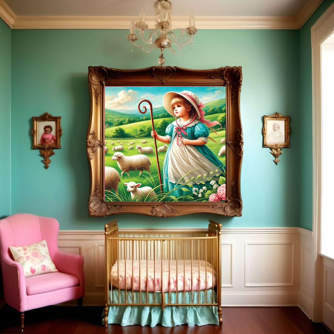 Little Bo Peep Shepherdess With Sheep Meadow Storybook Nursery Poster - Image 3