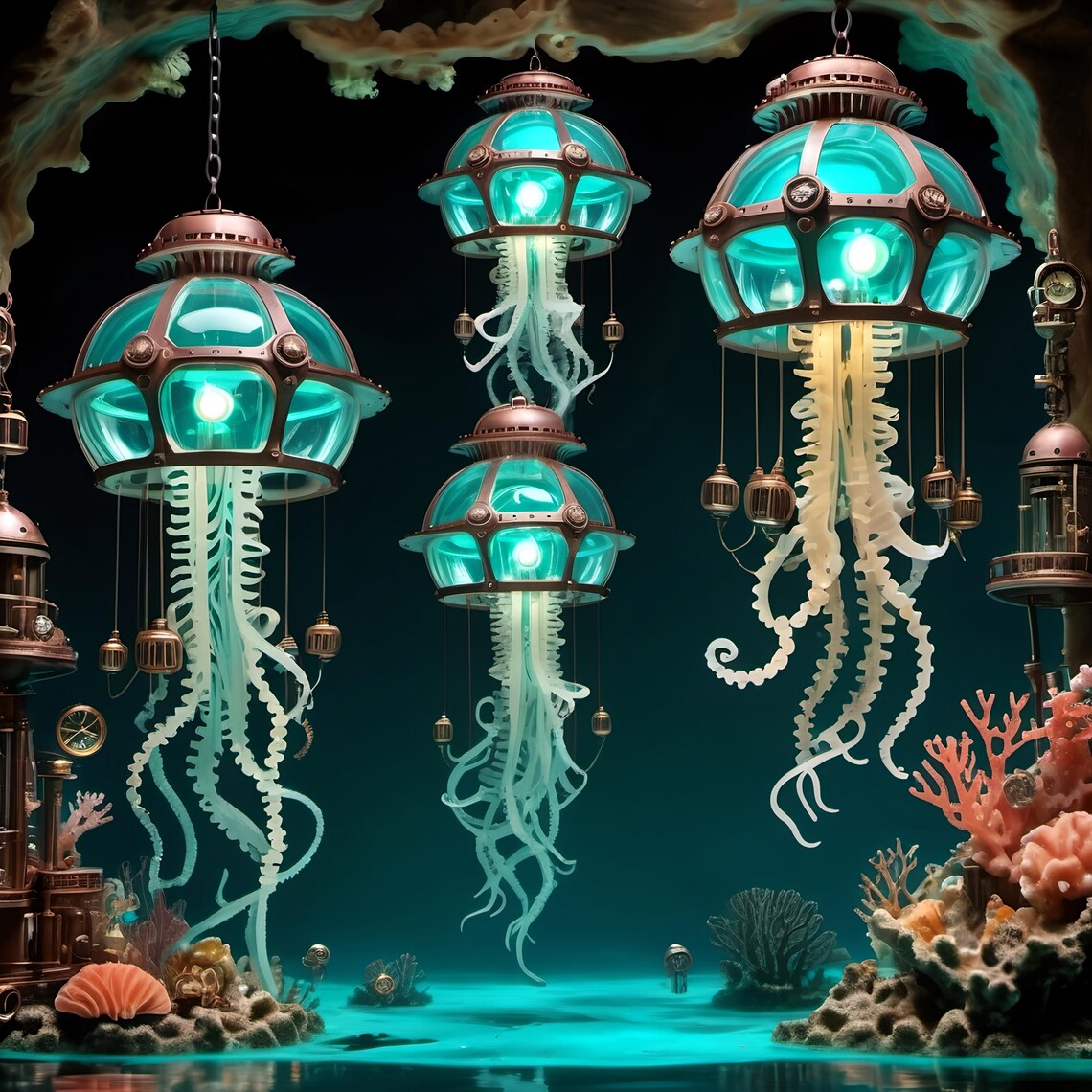 Steampunk Jellyfish Lantern Print Nautical Fantasy Wall Art Turquoise And Bronze Sci Fi Artwork For Steampunk Lover Gift Idea