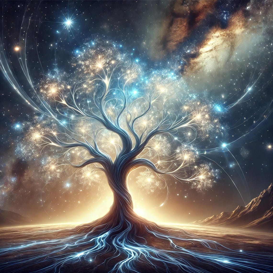 Celestial Tree Of Light Starry Branches Cosmic Glow Night Sky Wall Art