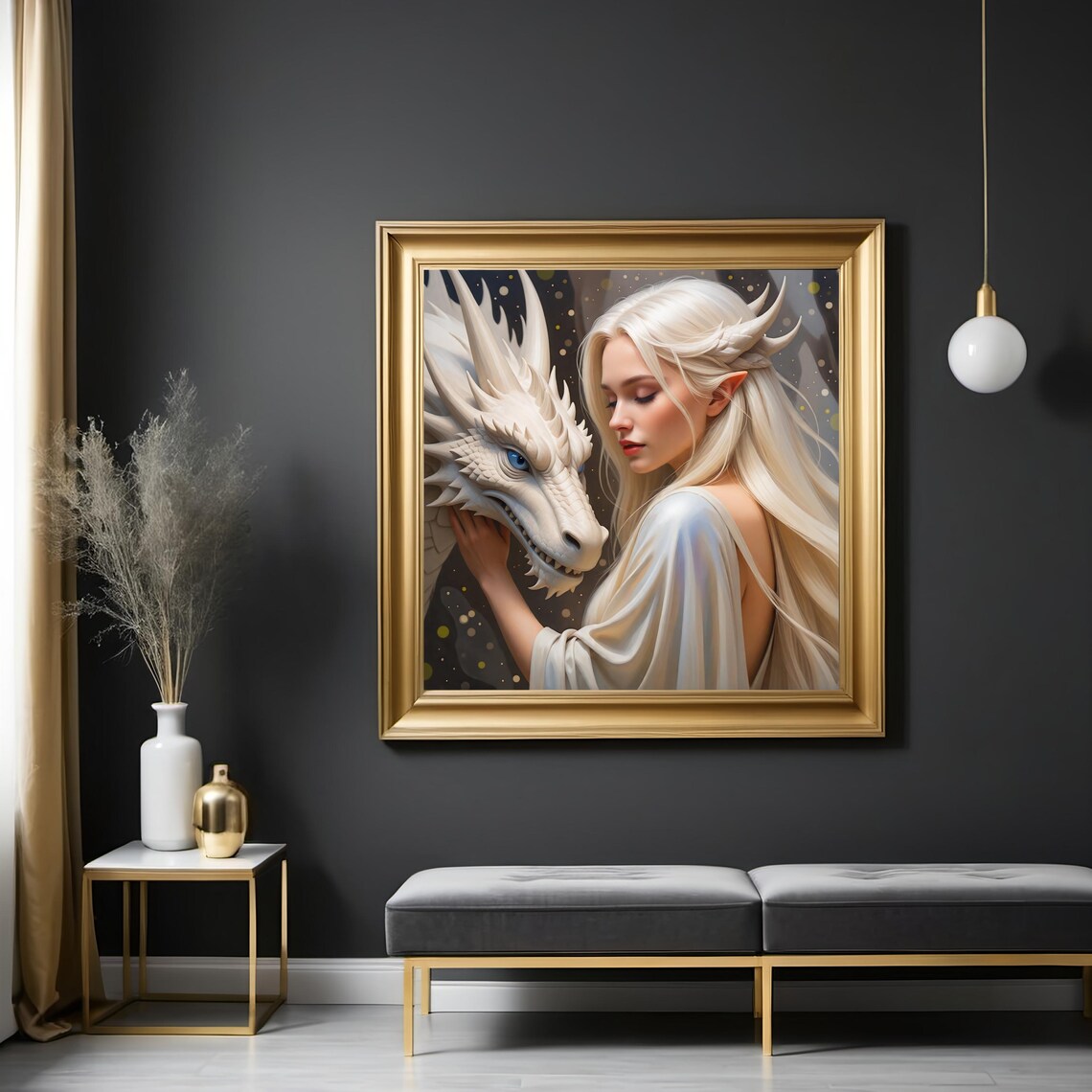 Silver Elf Woman And White Dragon With Blue Eyes Dark Fantasy Art Poster - Image 3