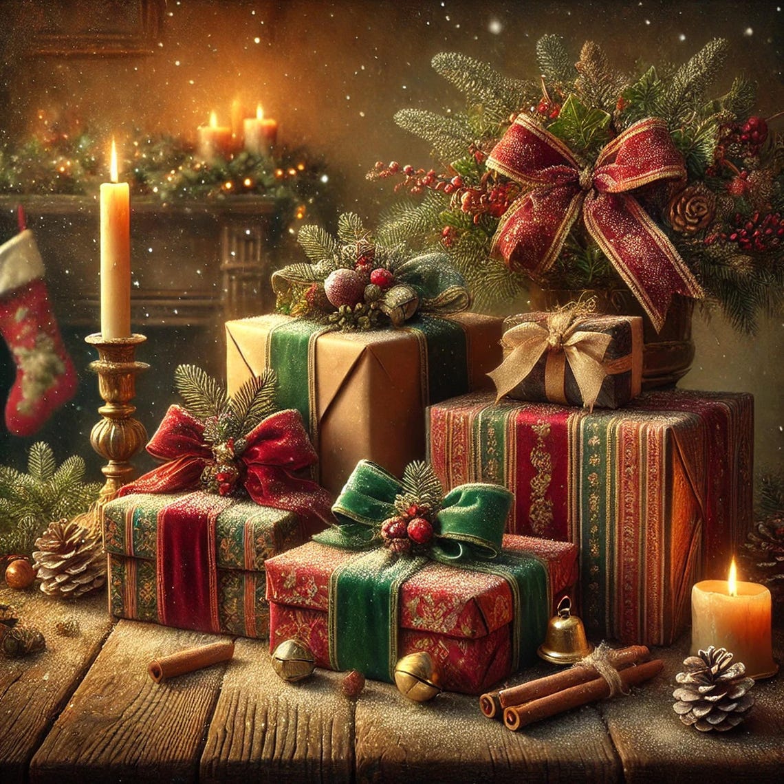 Christmas Presents Fireplace Mantel Candles Stocking Holiday Poster