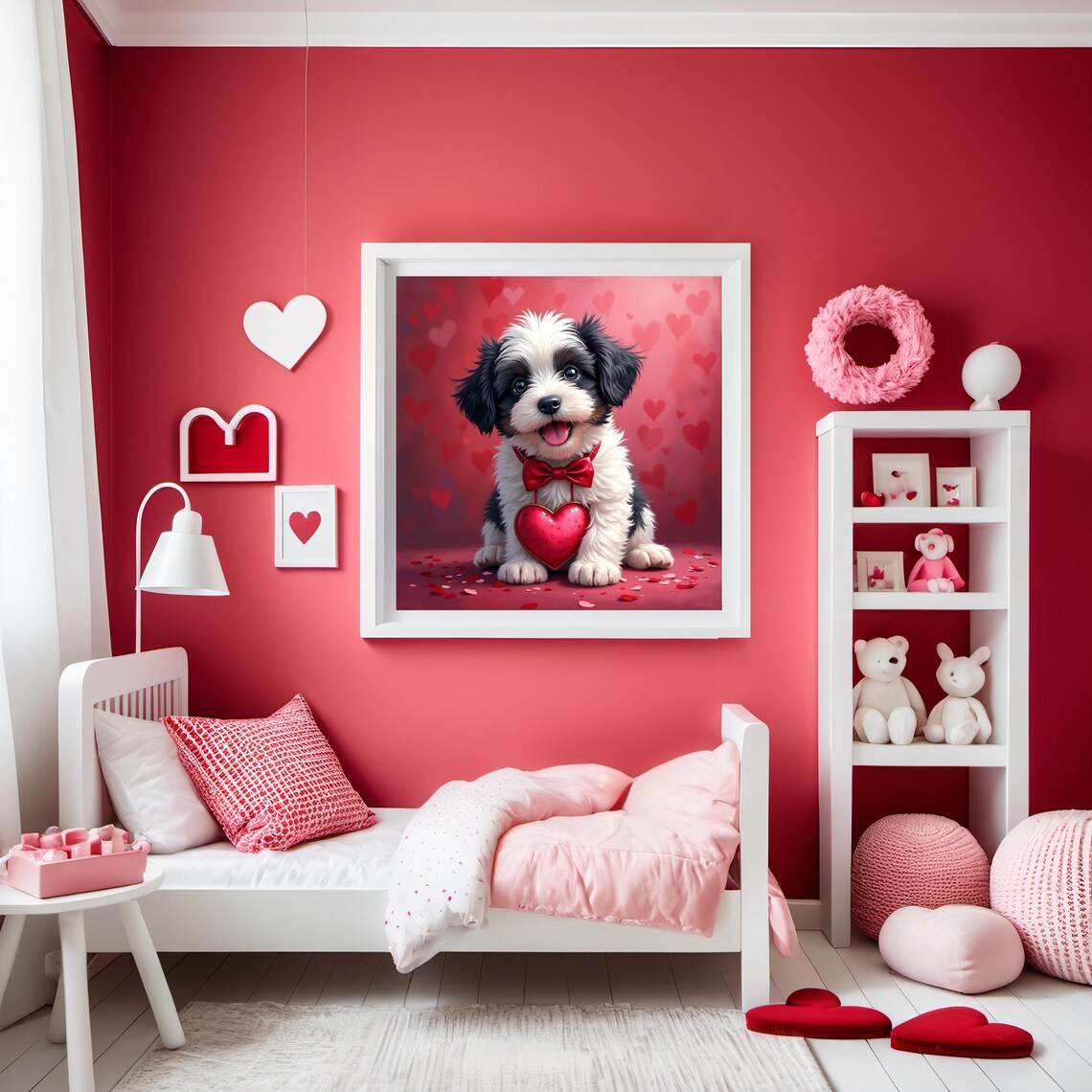 Cute Sweet Puppy With Red Bow Holding Heart Valentines Day Poster - Image 2