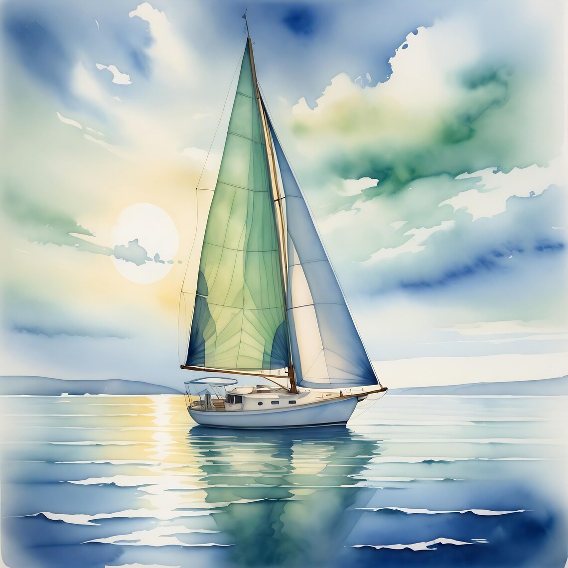 Watercolor Sailboat On Calm Sea At Sunset Golden Reflection Print