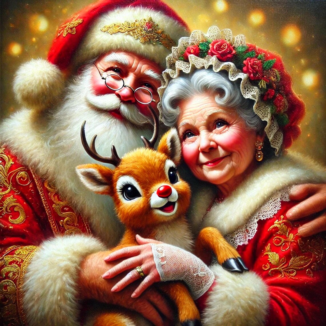 Santa, Mrs. Claus and Rudolph Holiday Art Print