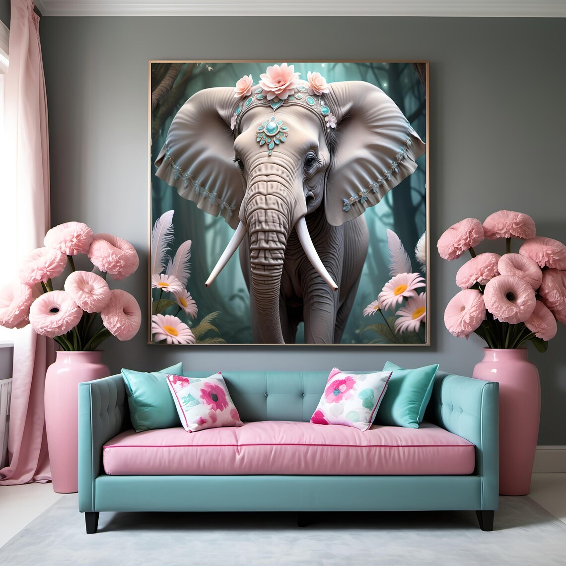 Mystical Elephant Floral Jeweled Crown Fantasy Forest Art Print - Image 3